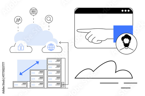 Cloud network with security, user profiles, global access, data servers, analytics, and UI elements. Ideal for cloud storage, cybersecurity, data analysis remote access database management SaaS