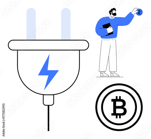 Large plug with lightning bolt, man holding bitcoin, and bitcoin coin icon. Ideal for cryptocurrency, digital assets, bitcoin mining, energy, technology, finance wealth simple flat metaphor
