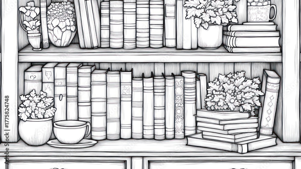 Fototapeta premium Bookshelf with plants and tea, cozy reading nook