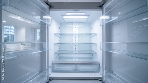 Empty Refrigerator Interior with Shelves and Drawers, Representing Food Scarcity or Healthy Eating Lifestyle