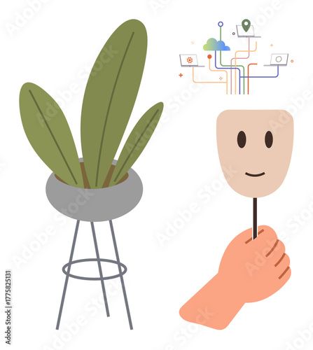 Hand holding smiling face mask, potted plant, networked lines with icons. Ideal for identity, technology, privacy, duality, personal growth data visualization societal connections. Simple flat