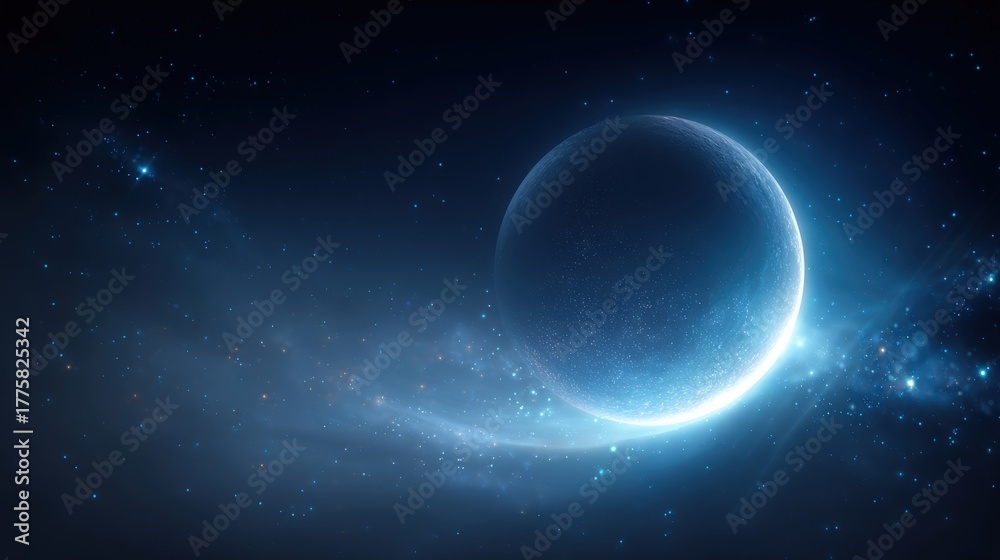 Fototapeta premium Mystical Deep Space Planet with Gaseous Nebula, Illuminated by Distant Star, Science Fiction Background