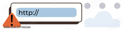 URL in error state with warning icon, cloud, and dots. Ideal for cybersecurity, online alert, safety, phishing prevention, error issue detection communication. Clean simple flat metaphor
