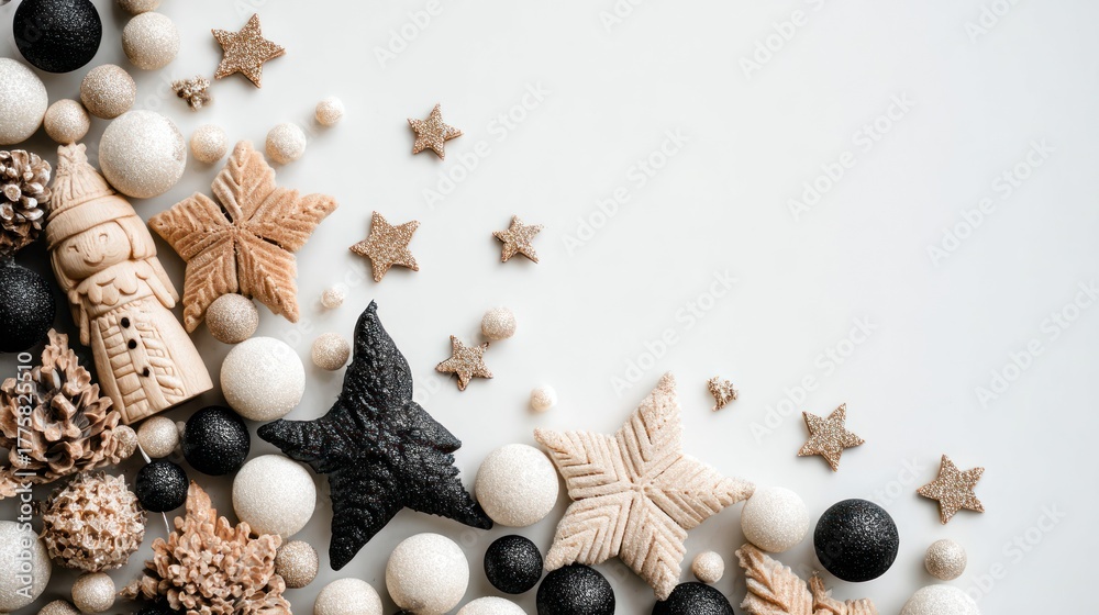 Obraz premium Festive Christmas Decorations with Star Cookies and Pinecones on White Background