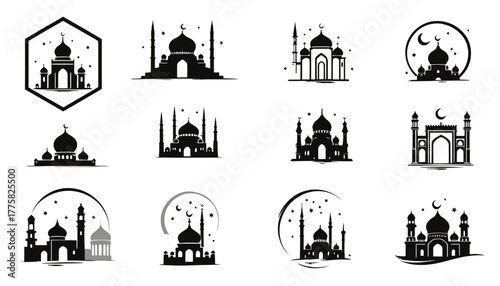 A diverse collection of elegant black silhouette mosque illustrations, perfect for religious holiday designs, cultural events, and spiritual branding.