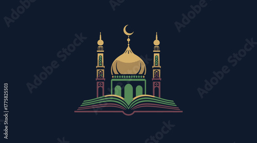 A beautifully designed vector illustration merges a traditional mosque with an open book, symbolizing Islamic knowledge and spiritual learning.