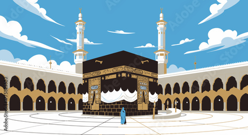 A beautifully illustrated vector depiction of the sacred Kaaba in Mecca, Saudi Arabia, featuring a lone pilgrim within the grand mosque courtyard under a clear sky.