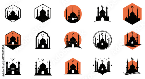 A collection of various Islamic mosque silhouettes with crescent moon and star symbols, designed as vector graphics perfect for religious holiday celebrations.