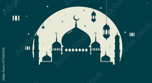 Elegant vector illustration of a mosque silhouette against a large full moon, adorned with Islamic lanterns and stars, perfect for religious celebrations.