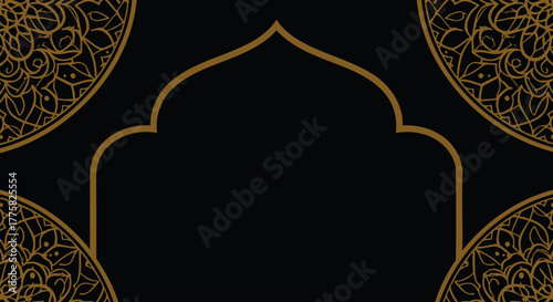 Elegant Islamic archway design with intricate golden mandala patterns on a black background, perfect for cultural and religious themes.