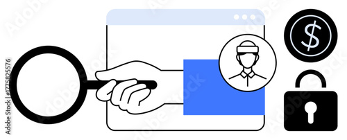 Hand holding magnifying glass in browser window, user avatar, dollar coin, and padlock. Ideal for online safety, data privacy, fraud detection, identity protection, financial security research