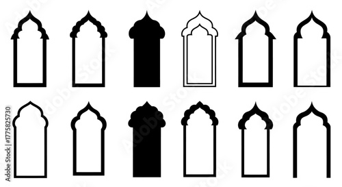 A collection of Islamic arch vector designs, featuring various shapes and styles suitable for creating decorative elements and patterns for cultural projects, available in PNG format.