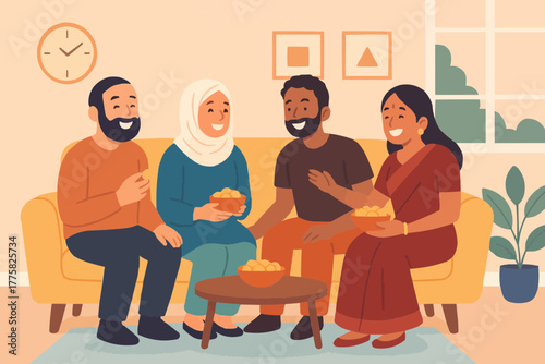 Group of friends from different religions sharing laughter and snacks in a cozy living room