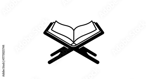 A clean black and white vector icon illustrates an open Islamic holy book, the Quran, resting on a traditional rehal stand, symbolizing faith and wisdom.