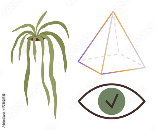Hanging plant for nature, geometric pyramid for structure and perspective, eye with check mark for vision, approval, or validation. Ideal for mindfulness, creativity, sustainability, design