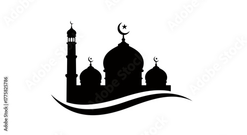 Elegant black silhouette of a mosque with domes and a minaret, symbolizing Islamic culture and faith, perfect for religious or architectural designs.