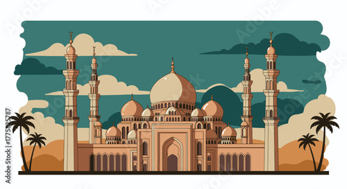 A stunning vector illustration showcasing a majestic Islamic mosque with elegant domes and towering minarets, framed by a serene sky and desert palm trees.