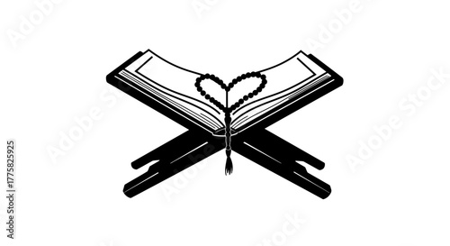 A detailed vector illustration showcases an open Quran with prayer beads forming a heart shape, symbolizing faith and devotion in a minimalist black and white design.