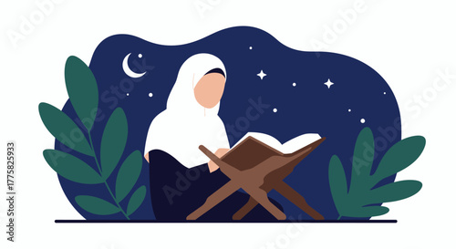 A Muslim woman in hijab is depicted reading the Quran under the serene night sky, surrounded by lush foliage, conveying peace and spiritual reflection.