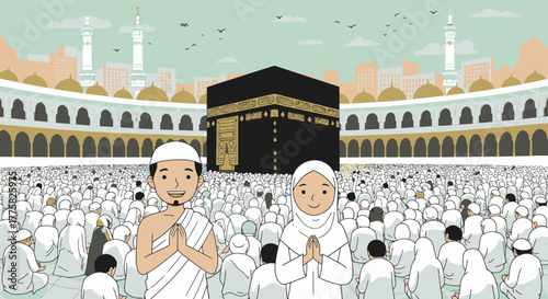 A vibrant vector illustration depicts pilgrims gathered at the Masjid al-Haram in Mecca, Saudi Arabia, performing the Hajj pilgrimage, surrounded by the mosque's architecture.