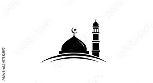 Elegant black silhouette of a mosque dome and minaret with a crescent moon, symbolizing Islamic culture and faith, ideal for religious or architectural design.