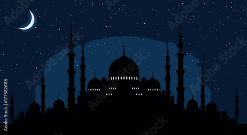A beautiful vector illustration depicts an Islamic mosque silhouette under a starry night sky, with a crescent moon, perfect for religious and cultural designs.