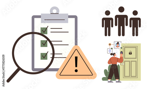 Magnifying glass over checklist, caution warning, user group, person using ID scanner for door access. Ideal for security, compliance, risk management, identification, safety verification process