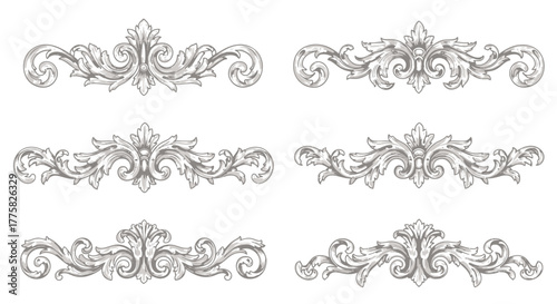 A collection of elegant, ornate classical scrollwork decorative elements, perfect for vintage design projects and luxurious invitations.