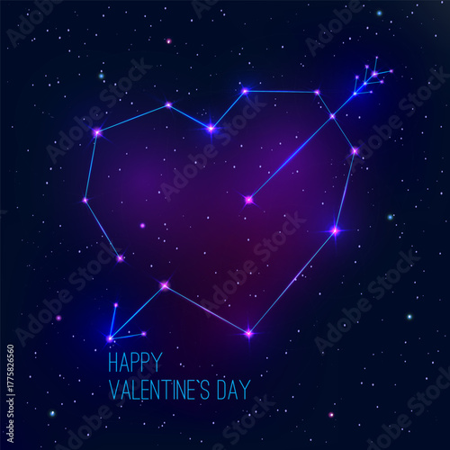 vector illustration of an abstract background with stars Constellation heart Shows a purple star constellation in a heart shape with "Happy Valentine's Day" text. Full-frame composition, dark backgrou