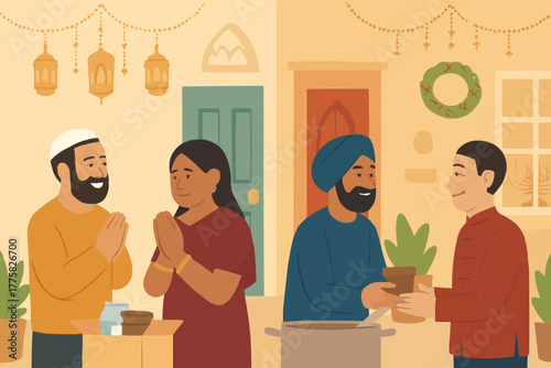 Families of different faiths enjoying a shared meal with visible cultural elements and warm interaction