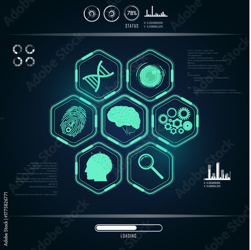 modern infographic design template Presents a tech interface with hexagonal elements and icons. Full-frame composition, dark background with teal accents. Tech style, data background