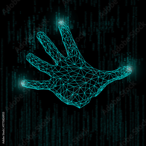 virtual digital fractal realms HAND Shows a teal wireframe hand. Full-frame composition, dark background with teal accents. Tech style, design background