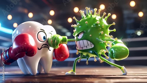3D animated tooth character with boxing gloves in a boxing stance, set against a backdrop of a boxing ring with blurred lights. The tooth character is white with a distressed expression.