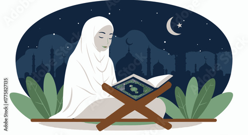A serene vector illustration depicts a Muslim woman in white hijab reading the Quran under a crescent moon and stars, with a cityscape backdrop, evoking peace.