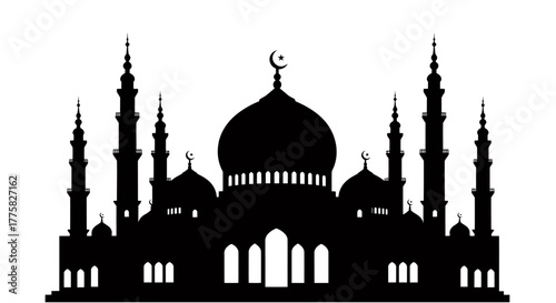 A striking black silhouette of an ornate Islamic mosque with multiple domes and towering minarets, symbolizing faith and worship.