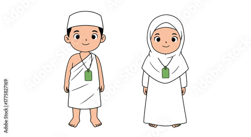 A charming vector illustration showcasing two cartoon figures, a boy and a girl, dressed in traditional Islamic attire, ideal for religious and cultural themed projects, available as a PNG.