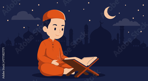 A young Muslim boy dressed in orange reads the Quran under the moonlight with a mosque silhouette and stars twinkling in the dark blue sky.