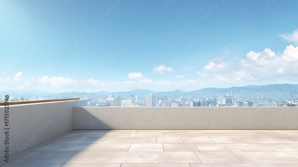 Obraz premium Modern Rooftop Terrace with City Skyline View, Ideal for Real Estate and Architectural Visualization