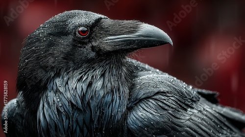 Close-up of a black raven with red background.