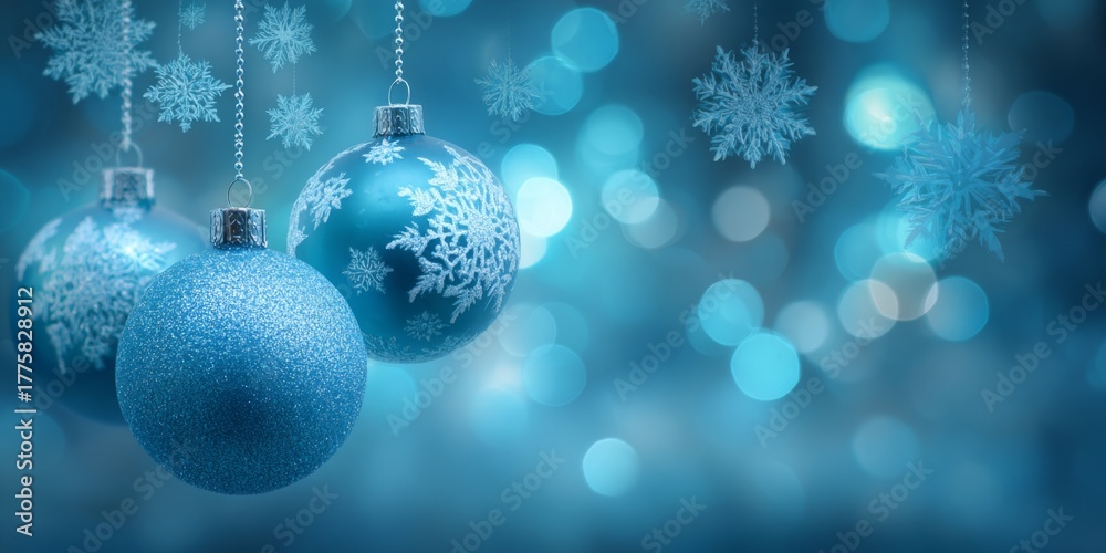 Fototapeta premium Beautiful blue Christmas ornaments hanging in a winter wonderland with sparkling bokeh background
