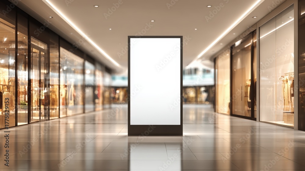 Naklejka premium Blank advertising billboard inside modern shopping mall, perfect for mockups and retail promotions, copy space