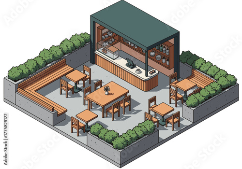 Isometric view of an outdoor cafe with tables, chairs, and a counter with pastries. The scene has a modern design and a relaxing atmosphere