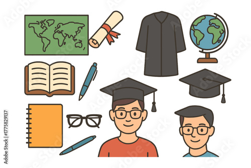 Academic elements arranged around a student with glasses and a cap. Emphasizing the aspects of learning and success in academic field