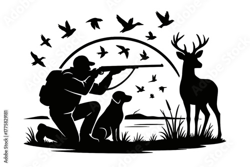 A silhouetted hunter aiming at soaring birds, accompanied by a loyal dog and a majestic deer in a serene outdoor setting. The illustration captures the essence of a hunting expedition.