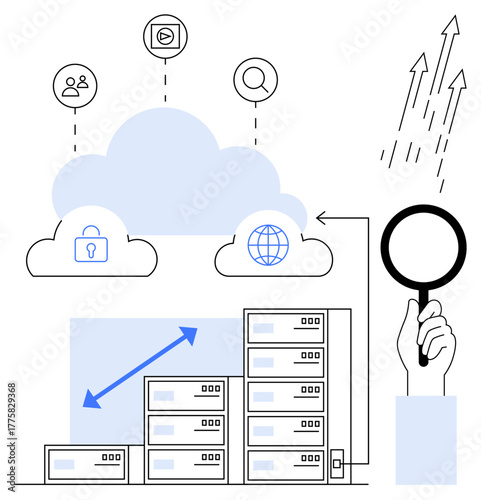 Cloud hosting connected to user icons, lock security, global web, servers, magnifying glass for analysis. Ideal for data management, IT infrastructure, tech growth, SaaS research analytics simple