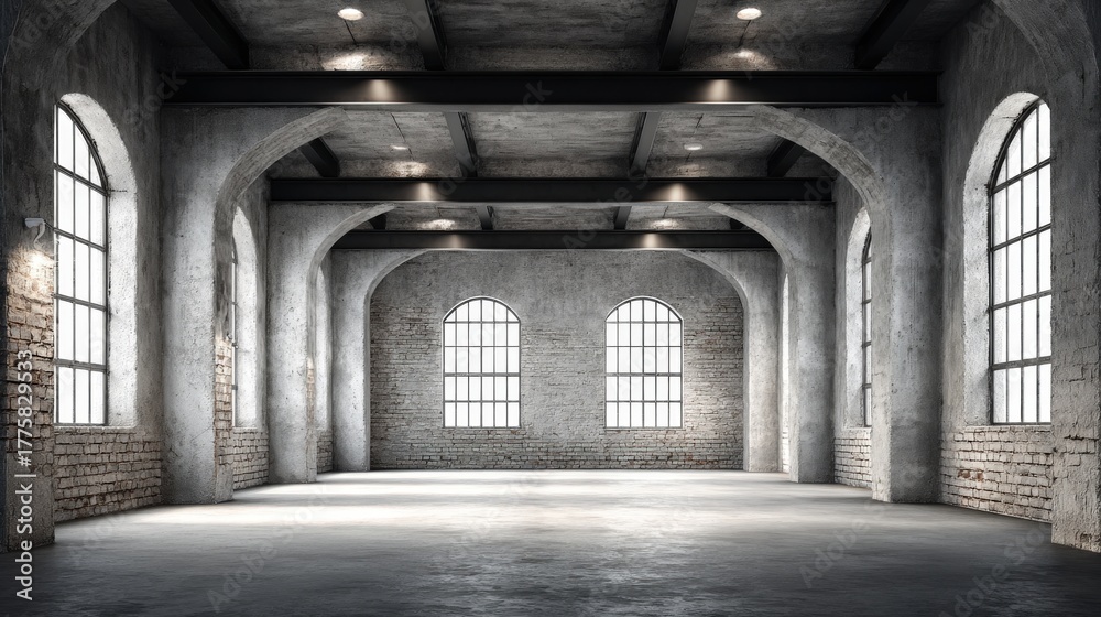 Obraz premium Industrial Warehouse Interior with Concrete Walls, Arched Windows, and Open Space for Commercial or Creative Use