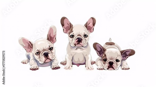 A detailed illustration of a French Bulldog puppy. The style is realistic with a touch of stylization, particularly in the ears and the eyes. The color palette is primarily white and light brown.