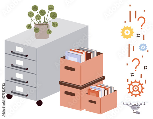 Filing cabinet with potted plant, boxes of books, and abstract gear icons suggest organization, office work, productivity, creativity, innovation, efficiency and modern technology. Ideal for simple