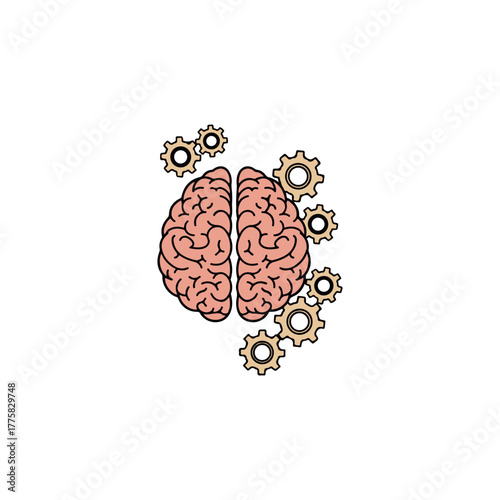 Vector illustration of a human brain with gears, symbolizing thought process, intelligence, and mechanical thinking
