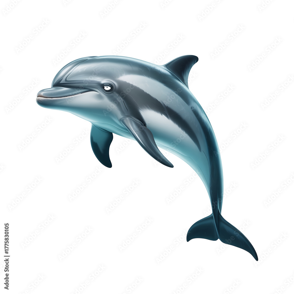 Fototapeta premium A sleek, realistic dolphin leaps gracefully against a clean white background